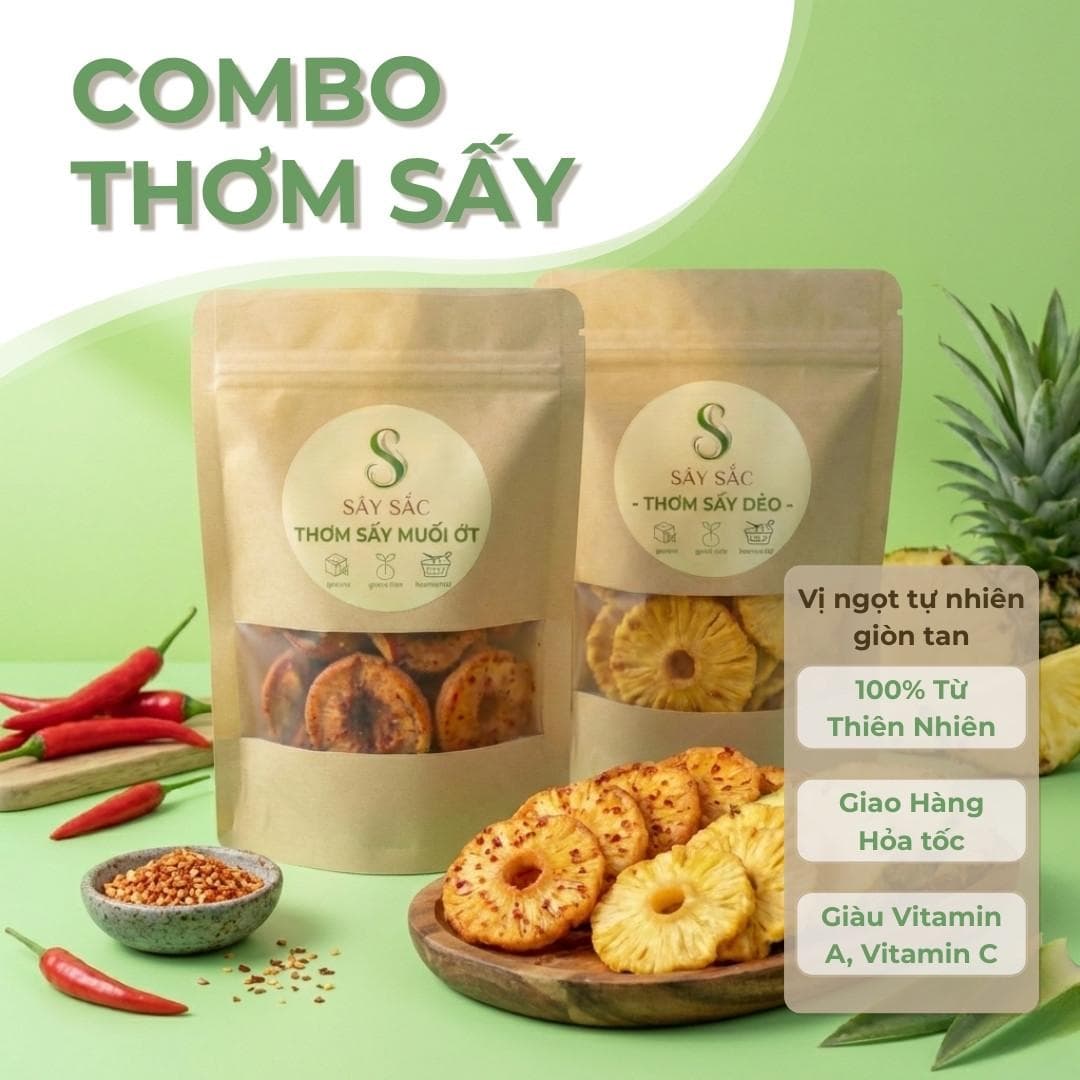 Combo Dứa Sấy Muối Ớt / Dẻo Sây Sắc Ngon Tự Nhiên 100% Việt Nam 500g - Trái cây sấy SAYSAC