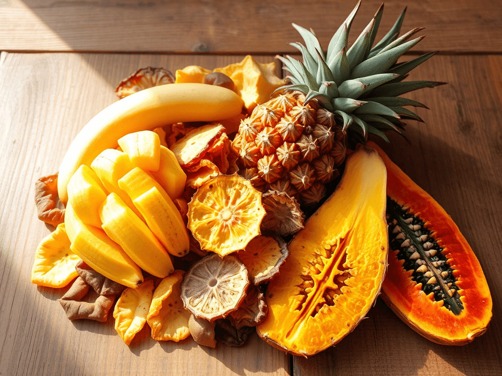 Bát đựng đầy trái cây sấy không biến đổi gen gồm xoài, chuối, dứa và đu đủ đặt trên bàn gỗ mộc mạc, ánh sáng tự nhiên làm nổi bật bề mặt trái cây sấy khô