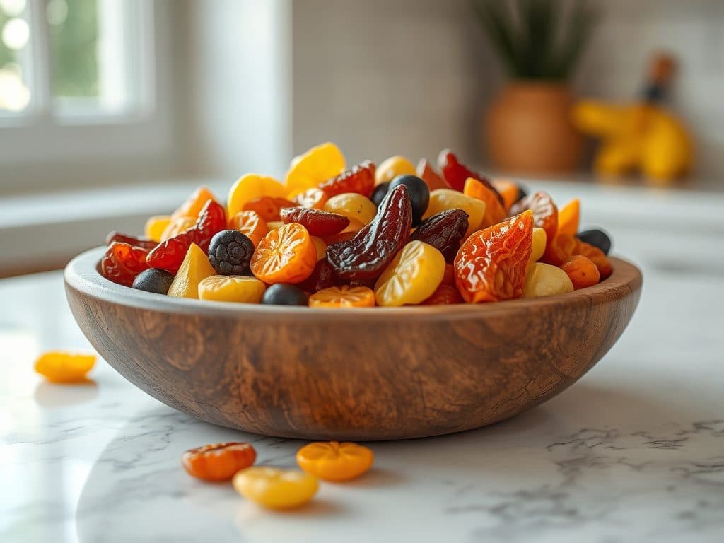 Bát gỗ chứa nhiều loại trái cây sấy khô như nho, táo, chuối, dứa đặt trên mặt bàn đá cẩm thạch trắng với ánh sáng tự nhiên dịu nhẹ từ cửa sổ
