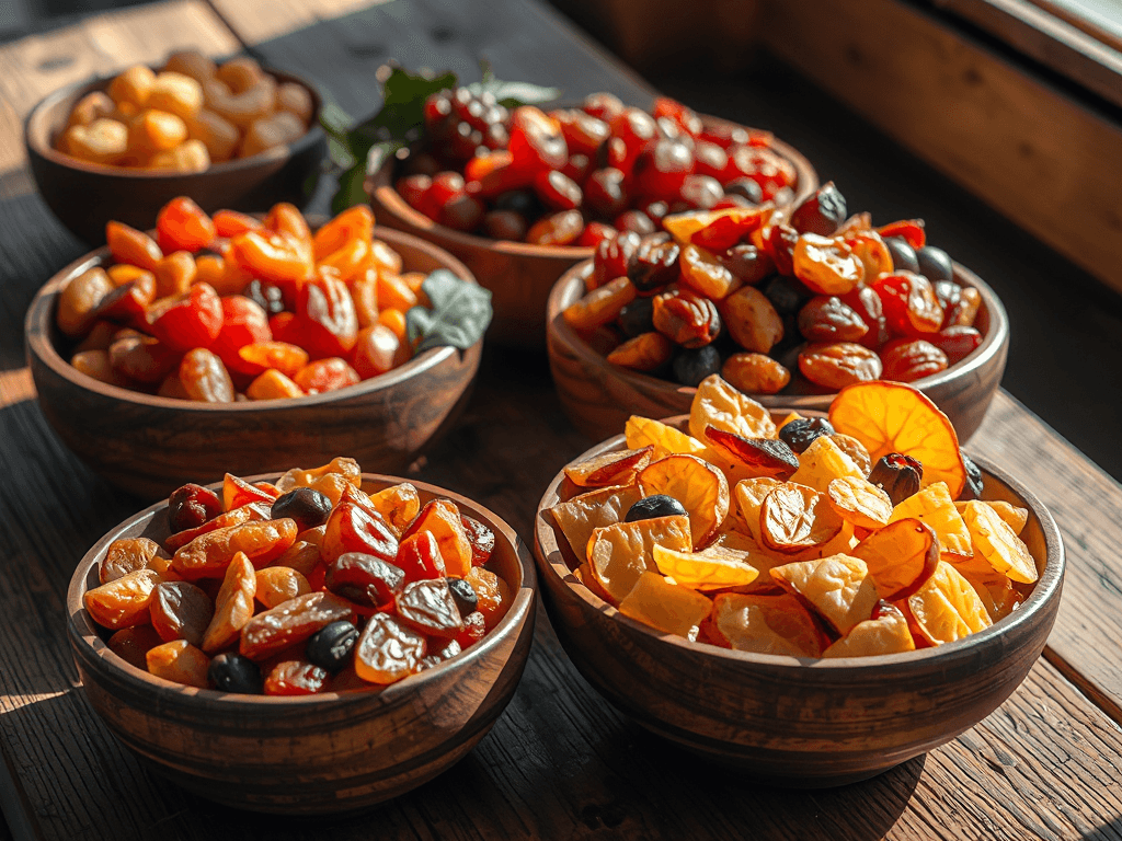 Bát gỗ đựng các loại trái cây sấy khô tươi ngon dưới ánh sáng tự nhiên, bàn gỗ mộc mạc, thể hiện nguồn gốc rõ ràng của sản phẩm