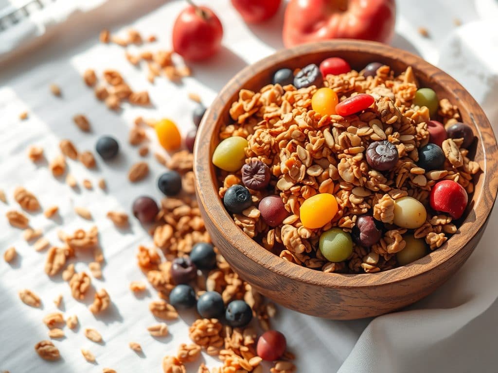Bát granola tự làm với trái cây sấy khô, hạt và yến mạch được bày biện đẹp mắt trên khăn trải bàn linen, ánh sáng tự nhiên ấm áp tạo cảm giác thân thiện