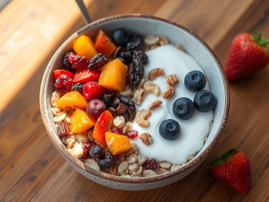 Bát muesli đầy đủ dinh dưỡng với trái cây sấy khô như nho khô, nam việt quất và mơ, kết hợp quả mọng tươi, sữa chua và hạt dinh dưỡng, ánh sáng tự nhiên rực rỡ
