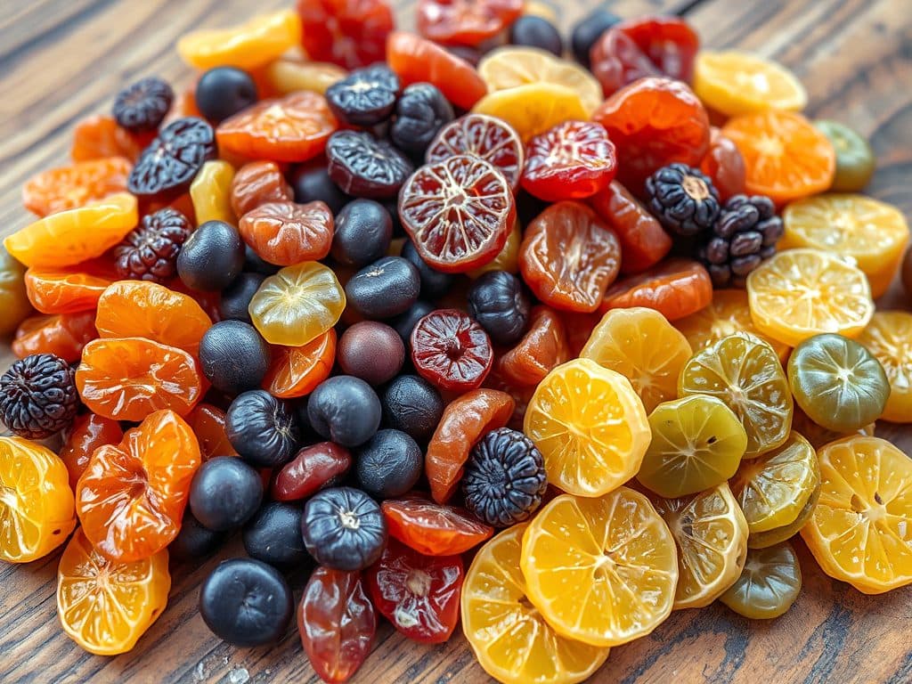 Bát trái cây sấy khô đa dạng bao gồm cả loại có đường và không đường, được bày biện trên bàn gỗ tự nhiên, thể hiện sự so sánh giữa hai loại trái cây sấy.