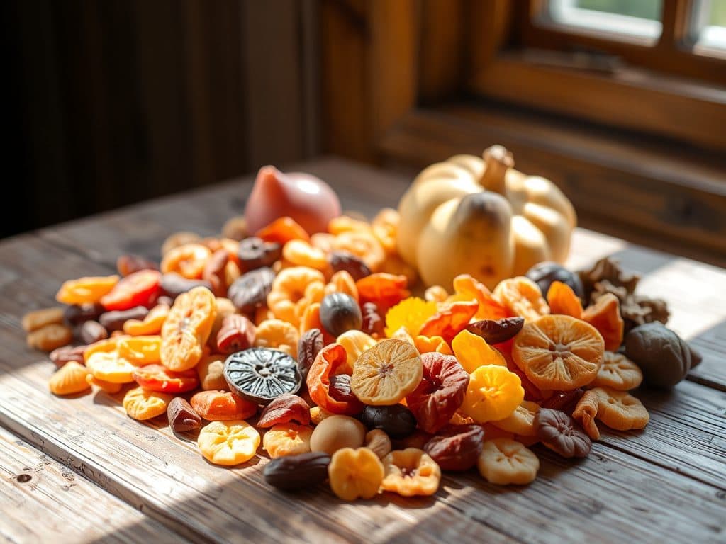 Bát trái cây sấy khô đa dạng bao gồm nho, táo, xoài và dứa đặt trên bàn gỗ mộc mạc, ánh sáng tự nhiên chiếu vào tạo cảm giác tươi mới và lành mạnh