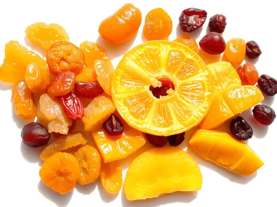 Bát trái cây sấy khô đa dạng gồm nho khô vàng, mơ, xoài và nam việt quất, được bày trí sinh động trên nền trắng tinh khôi, ánh sáng tự nhiên làm nổi bật kết cấu tươi mới