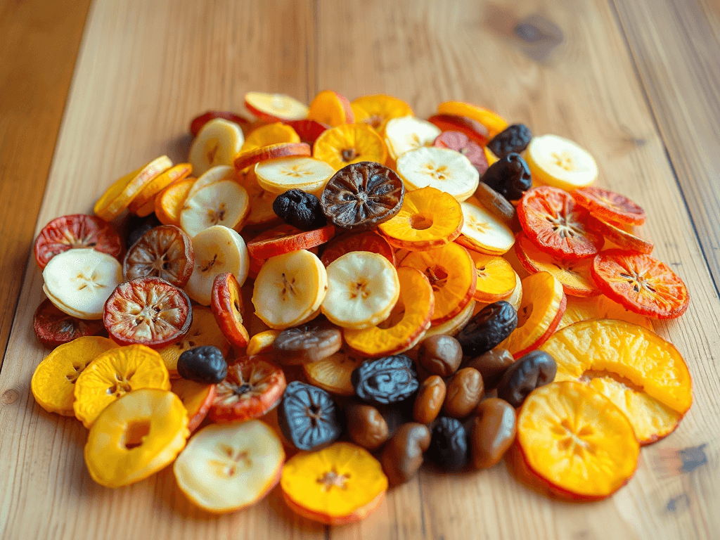 Bát trái cây sấy khô đa dạng màu sắc gồm chuối, táo, xoài và nho khô trên bàn gỗ, tạo nên món ăn vặt bổ dưỡng và hấp dẫn cho bé