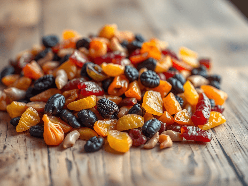 Bát trái cây sấy khô đa dạng màu sắc trên bàn gỗ mộc mạc, ánh sáng tự nhiên nhẹ nhàng, góc chụp cận cảnh thể hiện khẩu phần ăn vặt lành mạnh