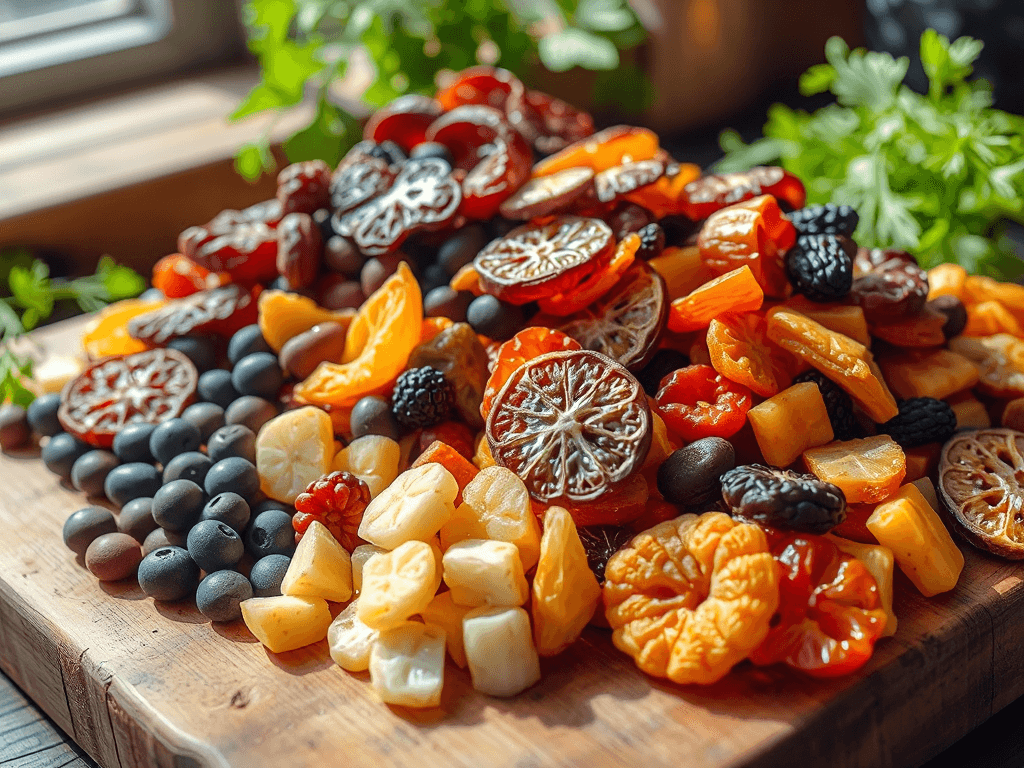 Bát trái cây sấy khô đa dạng màu sắc trên bảng gỗ, ánh sáng tự nhiên làm nổi bật kết cấu, không gian bếp mộc mạc với các loại thảo mộc tươi