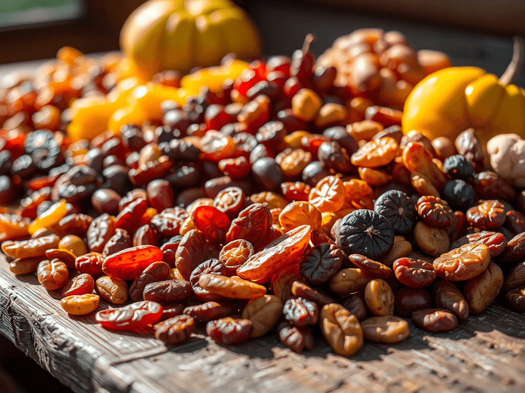 Bát trái cây sấy khô đa dạng trên bàn gỗ thô mộc, ánh sáng tự nhiên tôn lên màu sắc và kết cấu, chụp cận cảnh với độ sâu trường ảnh nông