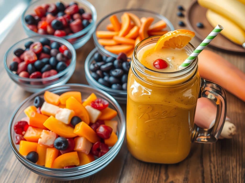 Bát trái cây sấy khô nhiều màu sắc và ly sinh tố smoothie mát lạnh trên bàn gỗ, tạo nên bức tranh ẩm thực tươi sáng và hấp dẫn