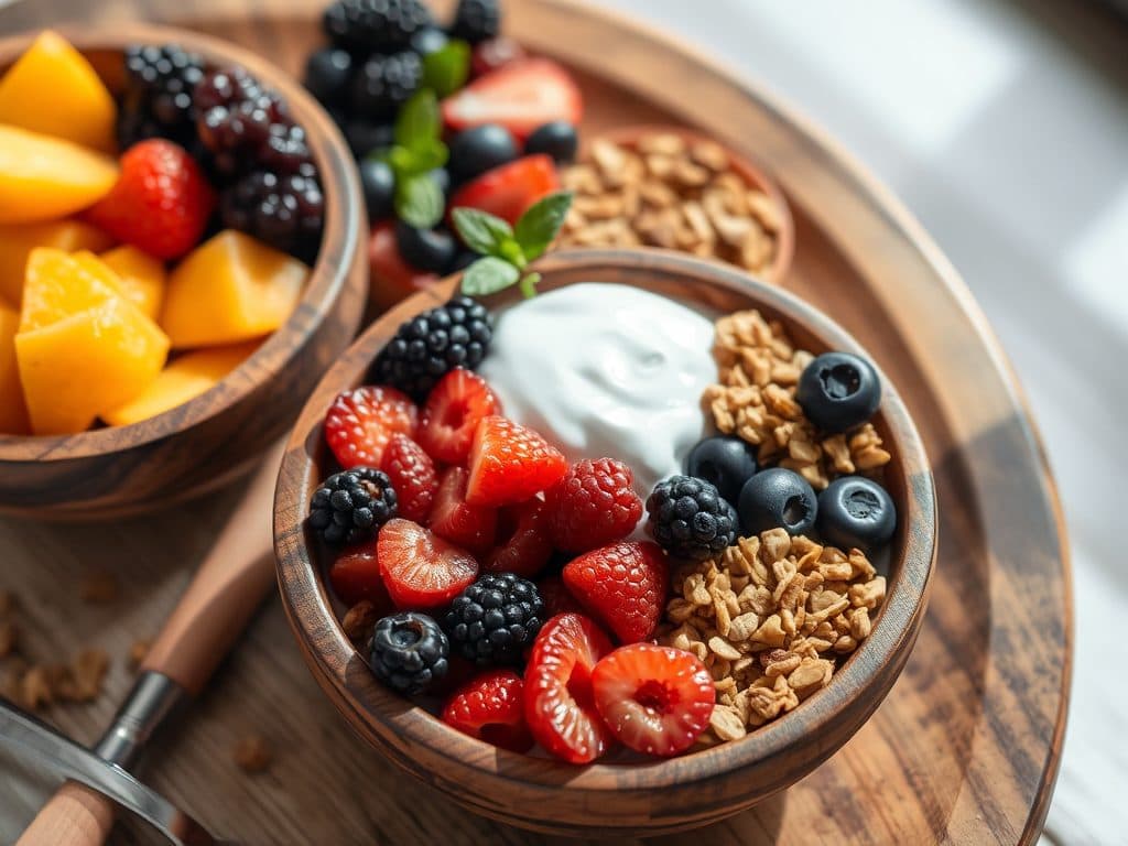 Bát trái cây sấy khô và tươi được bày biện đẹp mắt trên bàn ăn sáng với ánh sáng tự nhiên, tạo nên bữa sáng dinh dưỡng và hấp dẫn