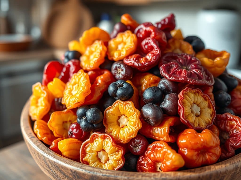 Bát trái cây sấy khô với các loại trái cây màu sắc phong phú, được bày trí trên mặt gỗ, ánh sáng tự nhiên làm nổi bật bề mặt và màu sắc của trái cây sấy