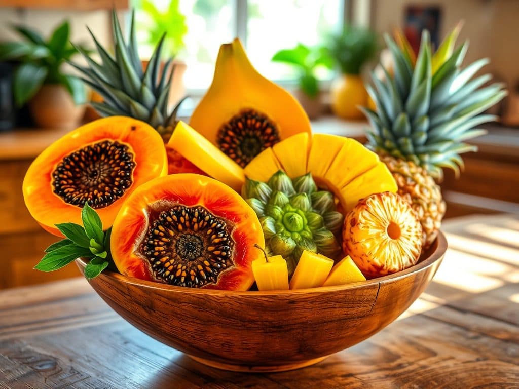 Bát trái cây sấy nhiệt đới bao gồm xoài, đu đủ và dứa khô, được bày trên bàn gỗ tự nhiên với ánh sáng mặt trời chiếu vào