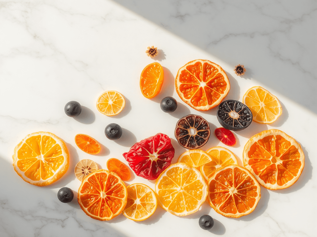 Bát trái cây sấy thăng hoa nhiều màu sắc trên bề mặt đá marble trắng, ánh sáng tự nhiên nhẹ nhàng, phong cách hiện đại tối giản với tông màu nhiệt đới tươi sáng