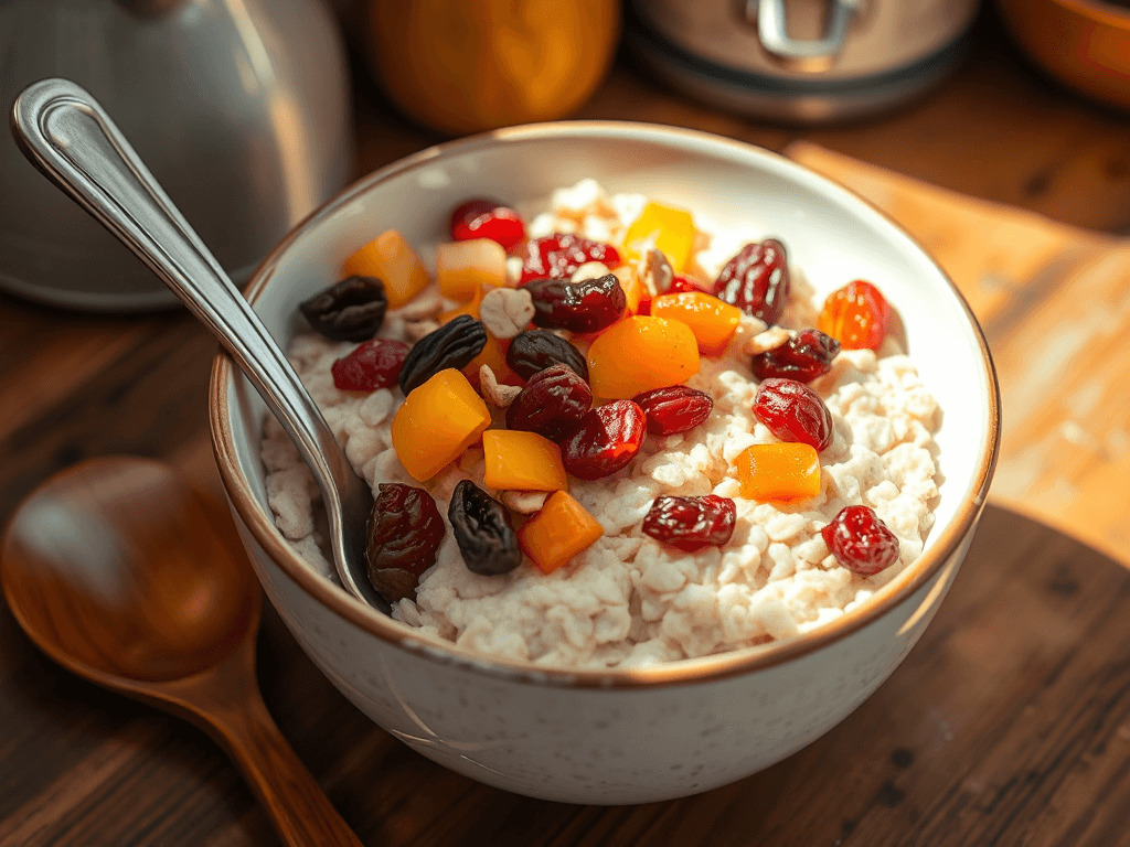 Bát yến mạch nóng hổi được trang trí với nhiều loại trái cây sấy khô màu sắc, bao gồm nho khô, nam việt quất và mơ khô, đặt trên bàn bếp gỗ tự nhiên