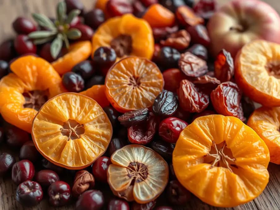 Bộ sưu tập trái cây sấy khô đa dạng gồm nam việt quất, mơ và táo được bày trí trên bàn gỗ mộc mạc, ánh sáng tự nhiên dịu nhẹ, phong cách chụp macro chi tiết