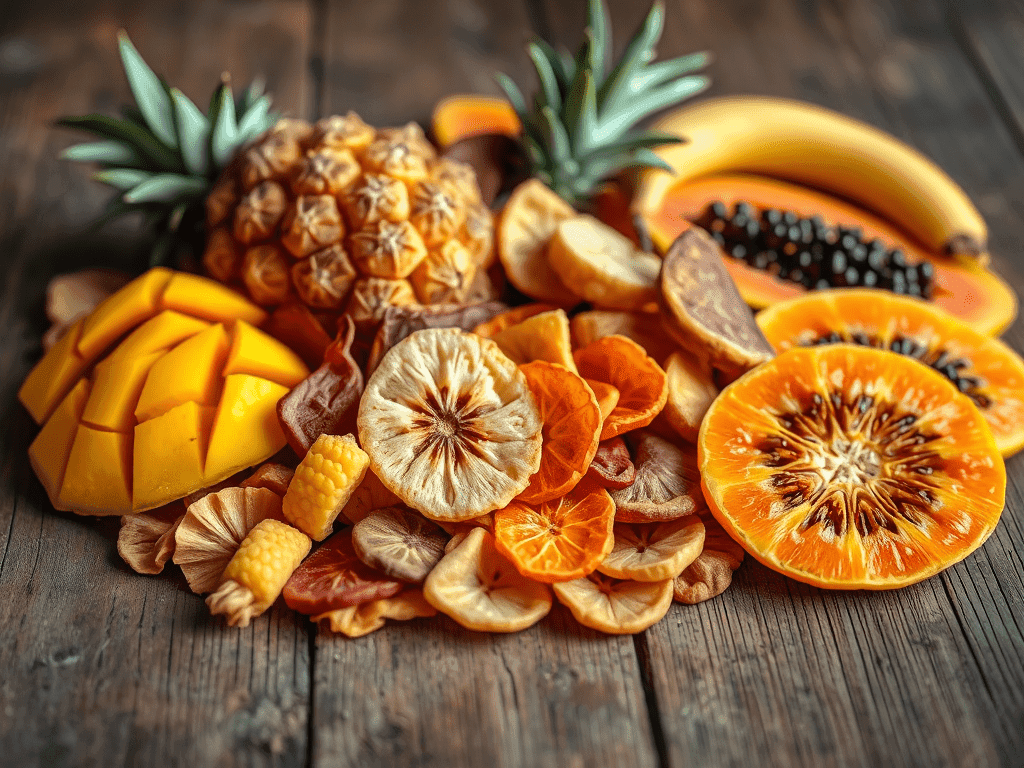 Bộ sưu tập trái cây sấy khô đa dạng màu sắc gồm xoài, dứa, chuối và đu đủ được bày biện trên bàn gỗ mộc mạc với ánh sáng tự nhiên nhẹ nhàng