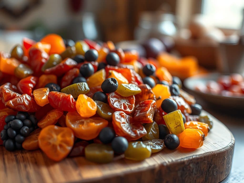 Các loại trái cây sấy khô được bày biện đẹp mắt trên thớt gỗ, ánh sáng tự nhiên tôn lên bề mặt và màu sắc của từng loại trái cây trong không gian bếp ấm cúng