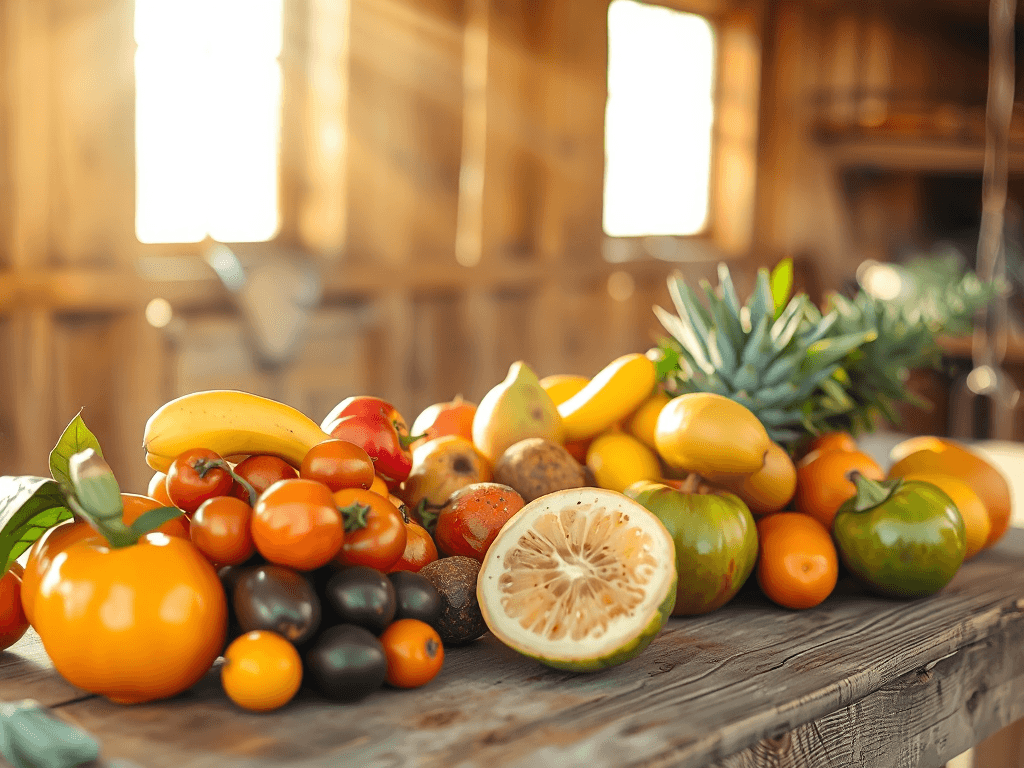 Cảnh trái cây tươi ngon được sắp xếp trên bàn gỗ mộc, ánh sáng tự nhiên chiếu vào tạo không gian ấm cúng, thể hiện quy trình làm trái cây sấy từ nông sản sạch