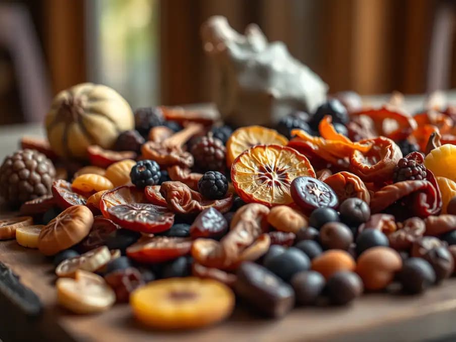 Đĩa trái cây sấy khô đa dạng màu sắc được bày biện đẹp mắt trên mặt bàn gỗ tự nhiên, ánh sáng ấm áp tôn vinh vẻ tươi ngon và dinh dưỡng của trái cây sấy cho người ăn chay
