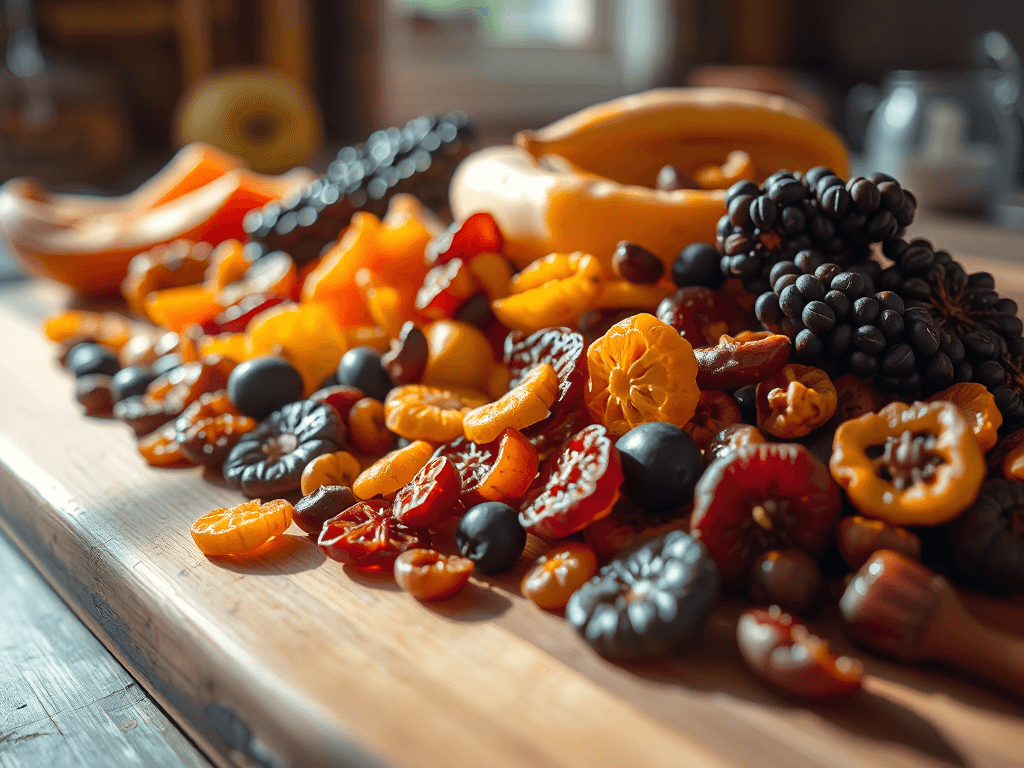 Đĩa trái cây sấy khô đa dạng trên thớt gỗ trong không gian bếp ấm cúng, ánh sáng tự nhiên tôn lên bề mặt và màu sắc của từng loại trái cây