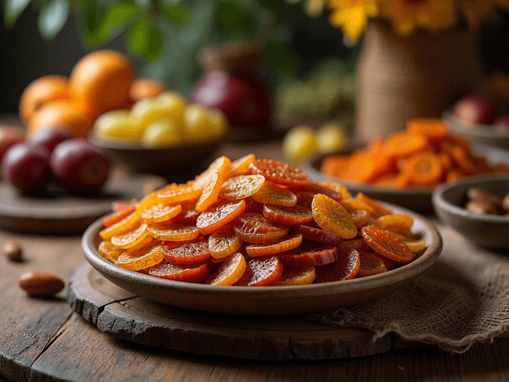 Đĩa trái cây sấy khô đa dạng với nho khô, mơ khô, táo khô và chuối sấy trên bàn gỗ, tạo không gian ấm cúng cho bữa tối lành mạnh