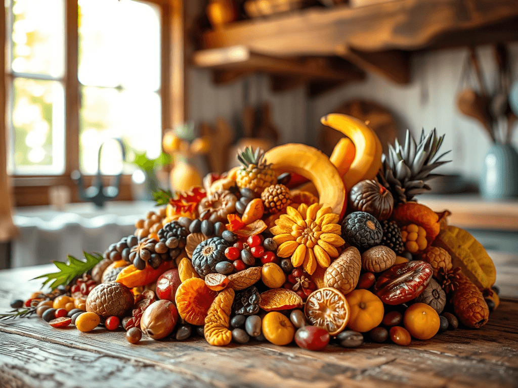 Đĩa trái cây sấy khô đầy màu sắc đặt trên bàn gỗ, ánh sáng tự nhiên chiếu vào tạo không gian ấm cúng trong căn bếp mộc mạc