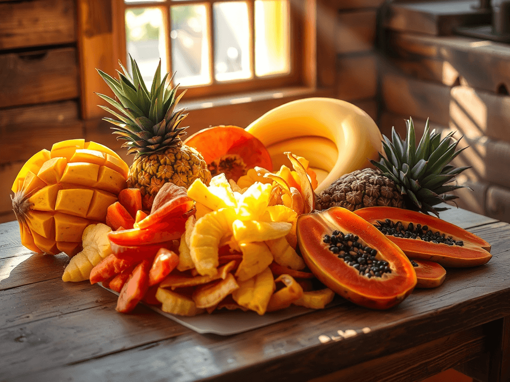 Đĩa trái cây sấy nhiều màu sắc gồm xoài, dứa, chuối và đu đủ được bày trí đẹp mắt trên bàn gỗ mộc mạc, ánh sáng tự nhiên chiếu vào tạo không gian ấm cúng