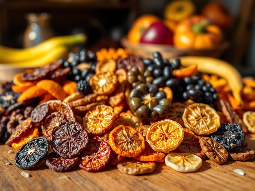 Hình ảnh các loại trái cây sấy khô đa dạng được bày biện trên mặt bàn gỗ, ánh sáng tự nhiên làm nổi bật bề mặt và màu sắc của trái cây, tạo không gian ấm cúng và tự nhiên