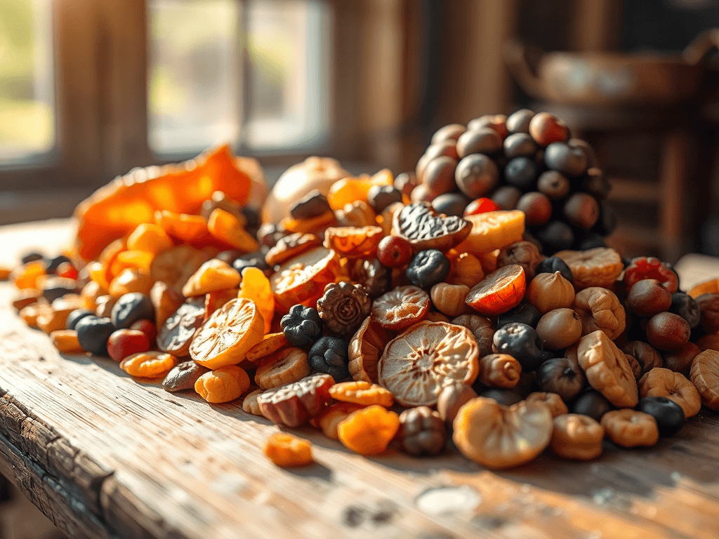 Hình ảnh các loại trái cây sấy khô như nho, táo, chuối và mơ được bày biện trên mặt bàn gỗ, ánh sáng tự nhiên chiếu vào tạo hiệu ứng ấm áp