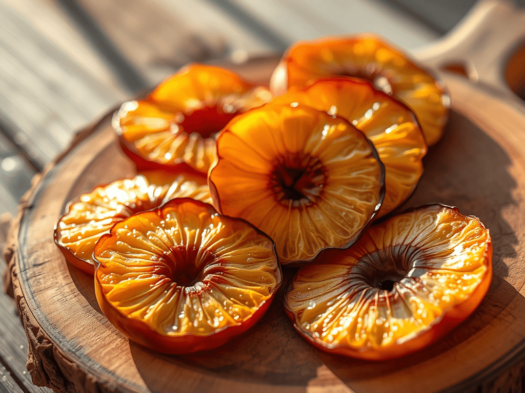 Hình ảnh đào sấy khô được sắp xếp đẹp mắt trên khay gỗ, ánh sáng tự nhiên làm nổi bật màu sắc vàng cam đặc trưng của trái cây sấy khô