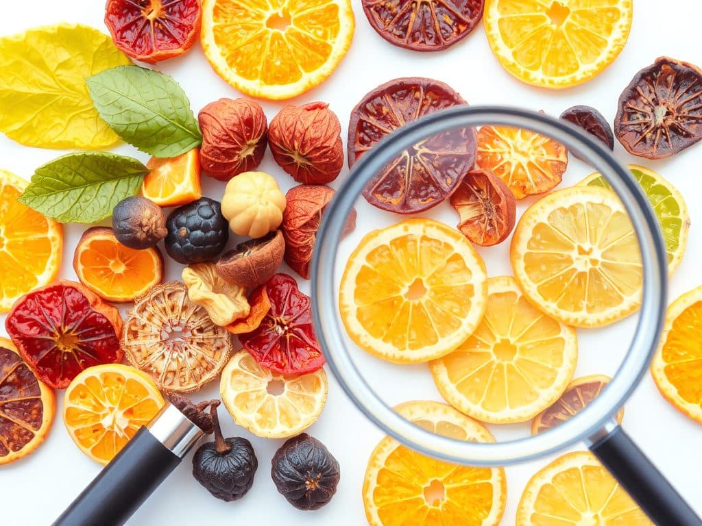 Hình ảnh so sánh trái cây sấy thật và giả, kính lúp kiểm tra chi tiết, ánh sáng tự nhiên tôn lên sự khác biệt về chất lượng, bố cục giáo dục giúp phân biệt hàng kém chất lượng với sản phẩm thật.