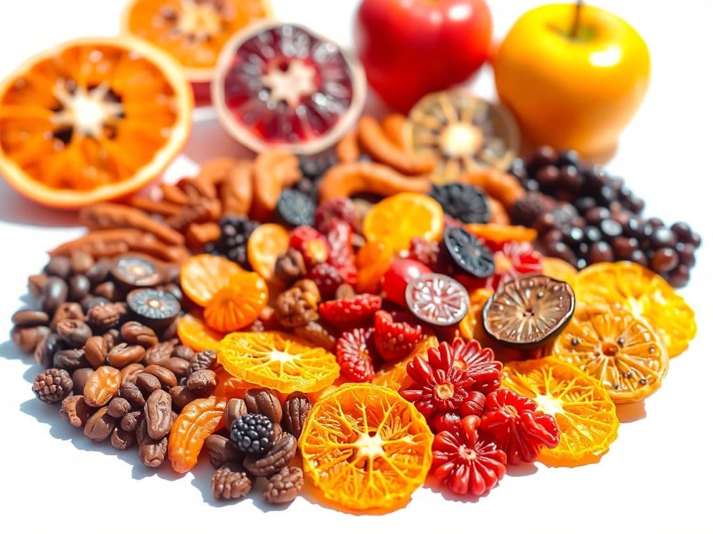 Hình ảnh so sánh trái cây sấy và trái cây tươi được bày trí đẹp mắt trên nền trắng, ánh sáng tự nhiên tôn lên màu sắc và kết cấu của các loại trái cây