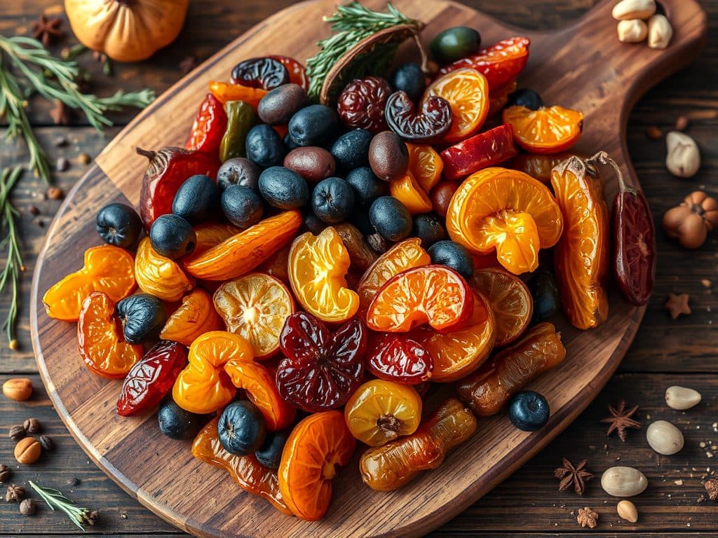 Hình ảnh trái cây sấy được bày biện đẹp mắt trên bàn gỗ cùng các nguyên liệu mặn, tạo nên sự kết hợp bất ngờ giữa vị ngọt và mặn trong ẩm thực Việt Nam