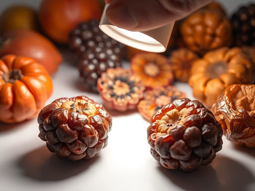 Hình ảnh trái cây sấy khô bị mốc được kiểm tra kỹ lưỡng dưới ánh sáng mạnh, thể hiện các vết mốc trên bề mặt trái cây, nền trắng sạch sẽ cho thấy chi tiết về tình trạng mốc.