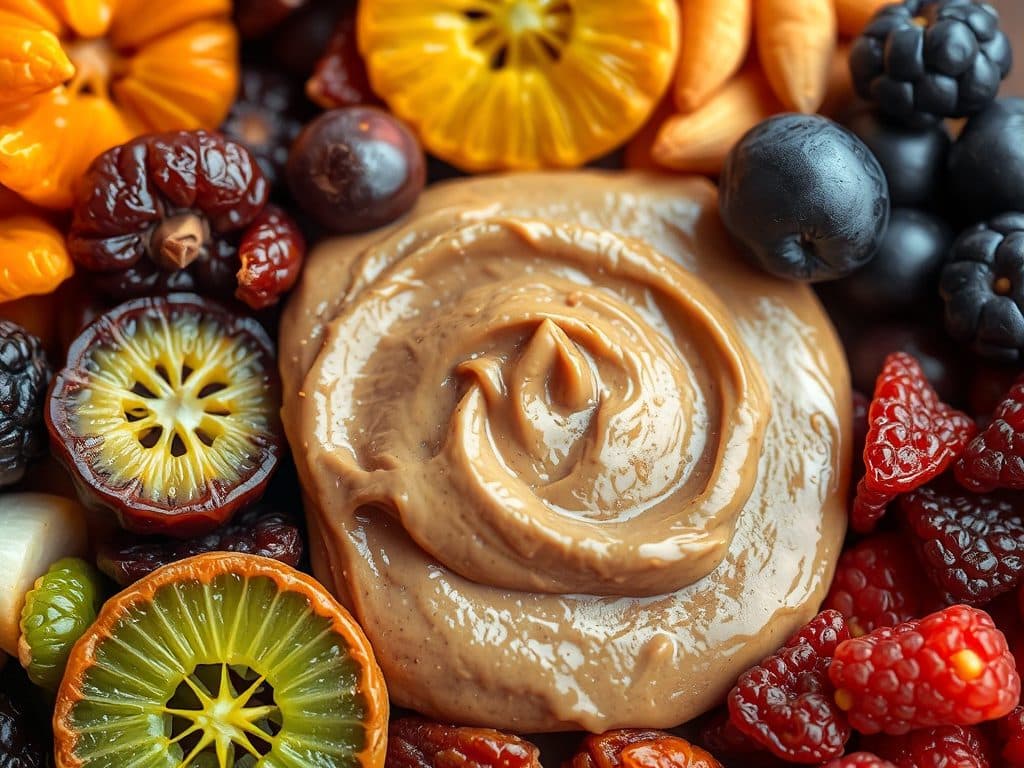 Hình ảnh trái cây sấy khô đa dạng màu sắc được bày trí cùng bơ đậu phộng mịn màng, tạo nên sự kết hợp hấp dẫn và giàu dinh dưỡng