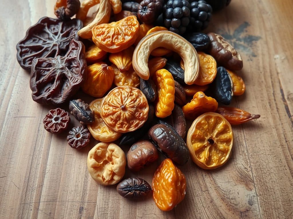 Hình ảnh trái cây sấy khô được bày trên mặt bàn gỗ với ánh sáng tự nhiên, tập trung vào chi tiết kết cấu và hình thức bề mặt của sản phẩm