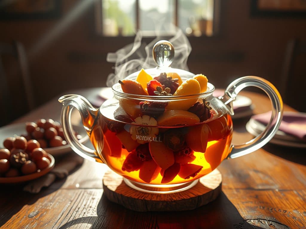 Hình ảnh trái cây sấy khô được bày trí đẹp mắt trong ấm trà thủy tinh, tỏa hương thơm ngào ngạt khi pha với nước nóng, tạo nên thức uống thanh mát và bổ dưỡng