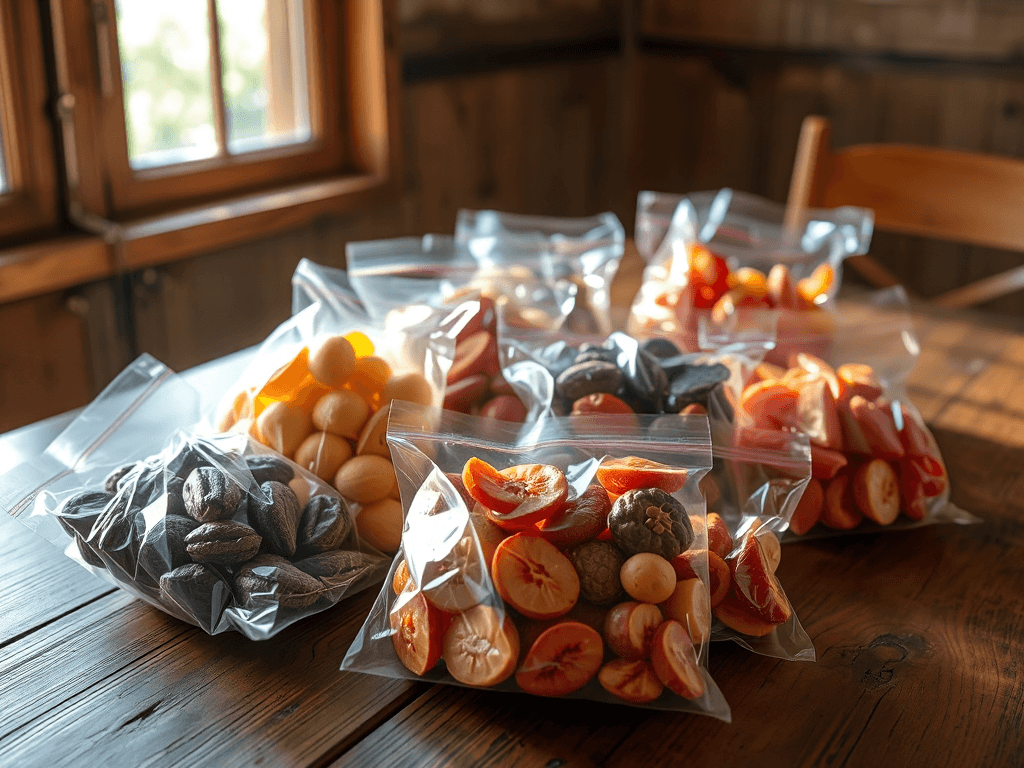 Hình ảnh trái cây sấy khô được đóng gói hút chân không gồm xoài, dứa, chuối và mít được bày trên bàn gỗ tự nhiên với ánh sáng tự nhiên ấm áp