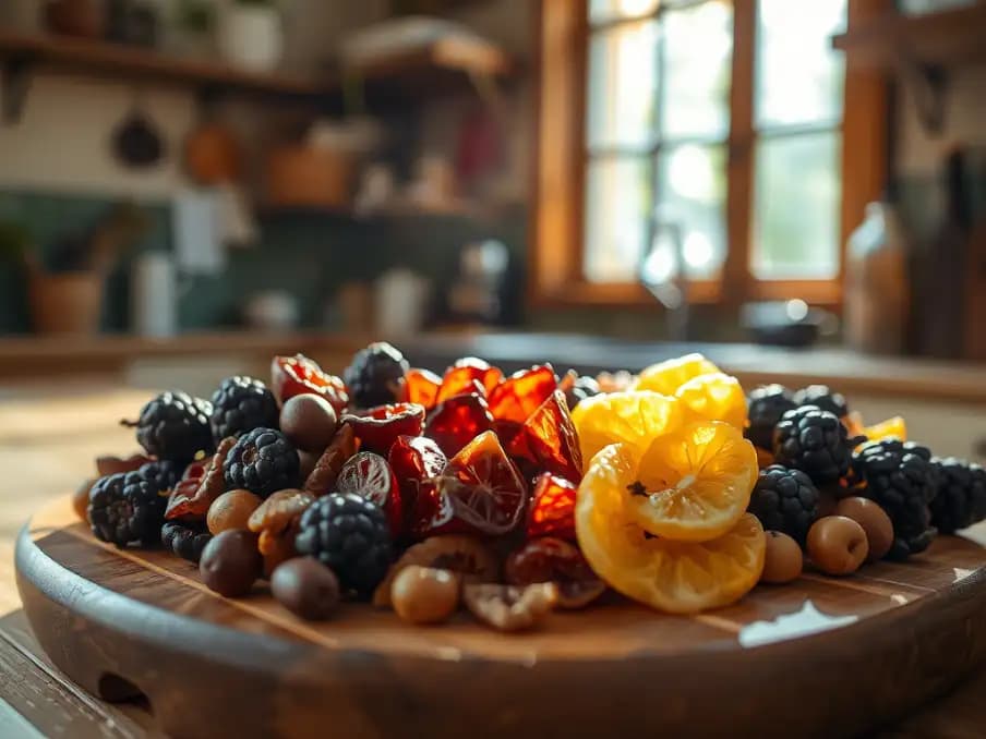 Khay trái cây sấy khô tươi ngon được bày biện trên thớt gỗ trong căn bếp với ánh sáng tự nhiên ấm áp, góc chụp cận cảnh chi tiết