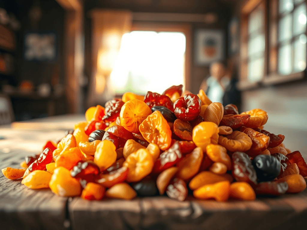 Khay trái cây sấy mix nhiều vị đầy màu sắc gồm mơ khô, nho khô, táo khô và dứa khô được bày biện đẹp mắt trên mặt bàn gỗ, ánh sáng tự nhiên làm nổi bật độ tươi ngon của sản phẩm