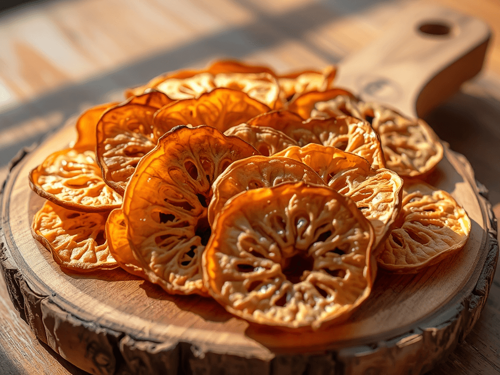 Miếng ổi sấy giòn rụm được bày trí đẹp mắt trên mặt gỗ thô mộc, ánh sáng tự nhiên tôn lên màu sắc vàng nâu hấp dẫn của sản phẩm