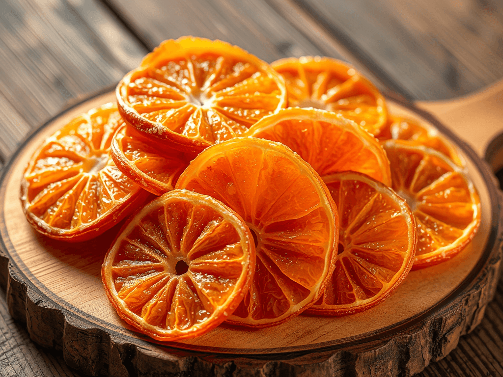 Miếng quýt sấy khô được bày biện đẹp mắt trên khay gỗ, ánh sáng ấm áp tôn lên màu cam rực rỡ và lớp đường kết tinh trên bề mặt quýt sấy