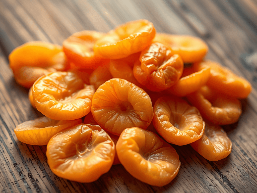 Mơ sấy khô vàng óng ánh được bày trí đẹp mắt trên bề mặt gỗ mộc mạc, tỏa sáng dưới ánh sáng tự nhiên, thể hiện vẻ đẹp và kết cấu độc đáo của loại trái cây sấy này