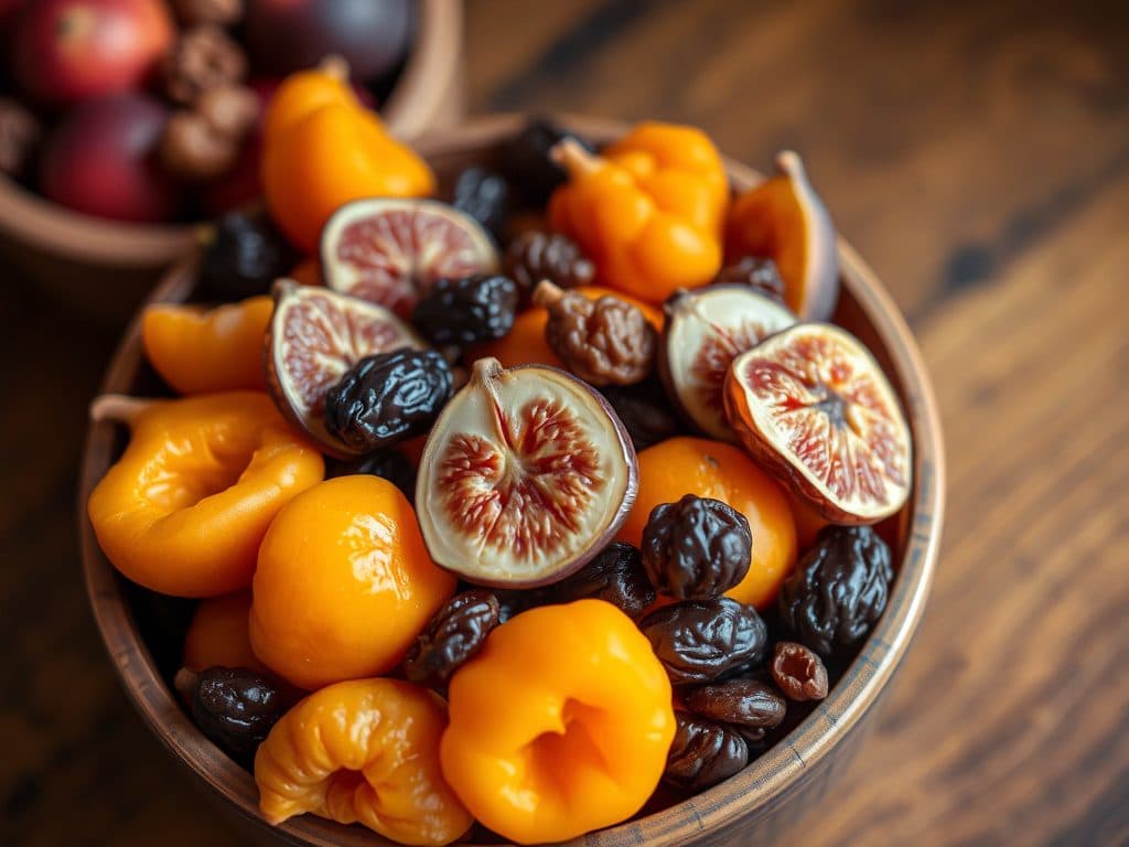 Một tô trái cây sấy khô đa dạng như mơ, vả, và nho khô đặt trên bàn gỗ, ánh sáng tự nhiên ấm áp, chụp cận cảnh chi tiết trái cây