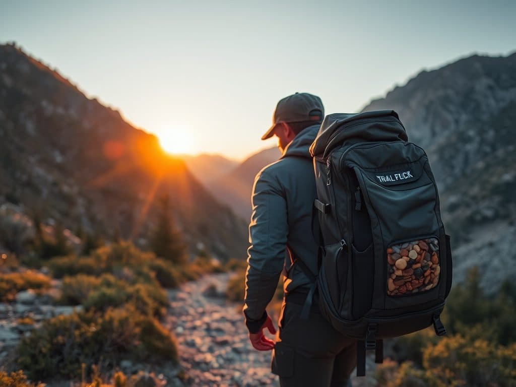 Người leo núi trekking trên đường mòn với balo chứa trái cây sấy và hỗn hợp đồ ăn vặt, ánh sáng hoàng hôn, phong cảnh thiên nhiên hùng vĩ