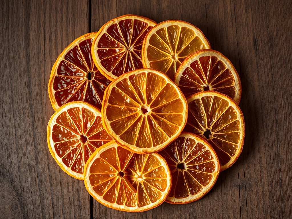 Những lát cam sấy khô được sắp xếp theo vòng tròn trên nền gỗ mộc mạc, ánh sáng tự nhiên nhẹ nhàng tôn lên kết cấu và màu sắc ấm áp của trái cây sấy