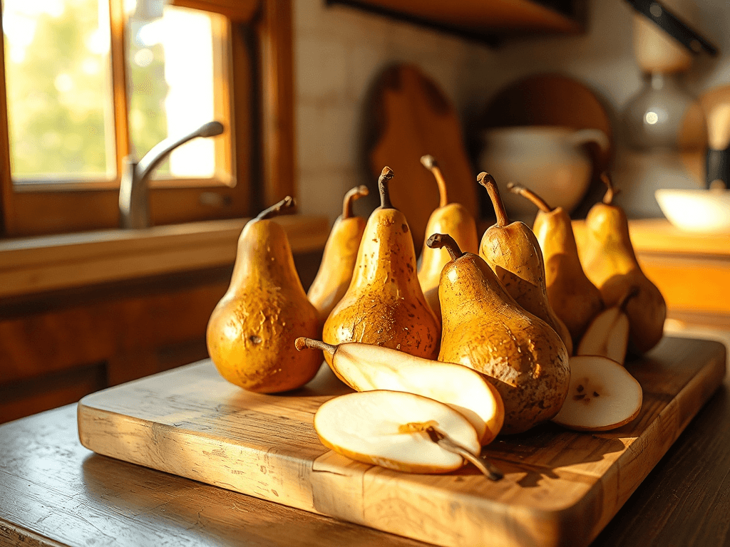 Quả lê sấy khô được bày biện tinh tế trên thớt gỗ trong không gian bếp mộc mạc, ánh sáng tự nhiên tạo nên vẻ ấm áp và sang trọng cho món ăn vặt cao cấp