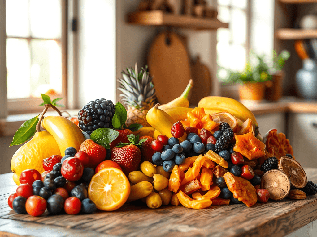 So sánh trái cây sấy và trái cây tươi được bày trên bàn gỗ mộc mạc với ánh sáng tự nhiên, thể hiện sự khác biệt về màu sắc và kết cấu giữa hai loại trái cây