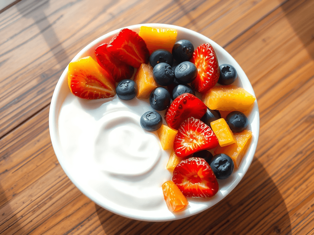 Tô sữa chua tươi được trang trí với nhiều loại trái cây sấy khô màu sắc như dâu tây, xoài và việt quất, bố cục nghệ thuật trên bàn gỗ, ánh sáng tự nhiên, hình ảnh ẩm thực tươi sáng